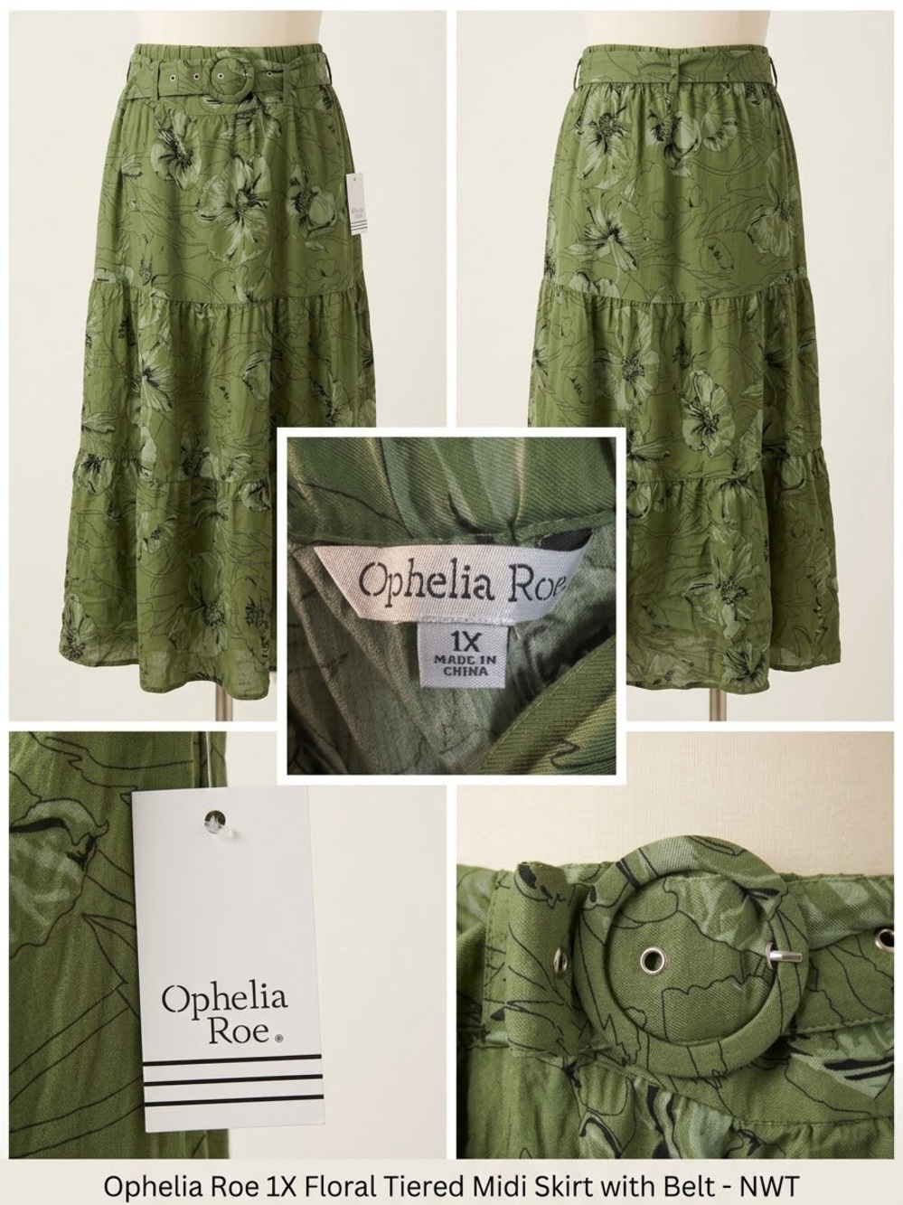 Ophelia Roe Olive Green Floral Tiered Midi Skirt with Belt